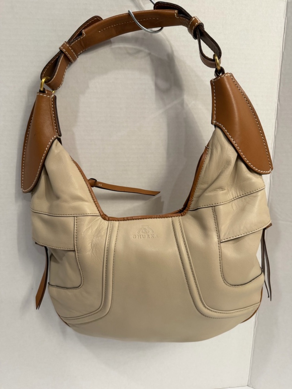 GHURKA Beige and Tan Leather Hobo Bag rare hand crafted mint condition